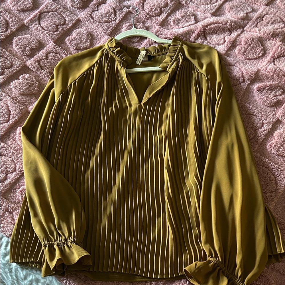 Ann Taylor Mustard Pleated‎ Blouse with Ruffle Neckline